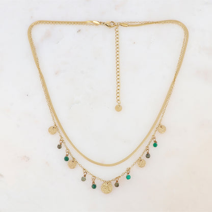 Collier 2 rangs avec pampilles rondes martelées et pierres naturelles (39/41+7CM)