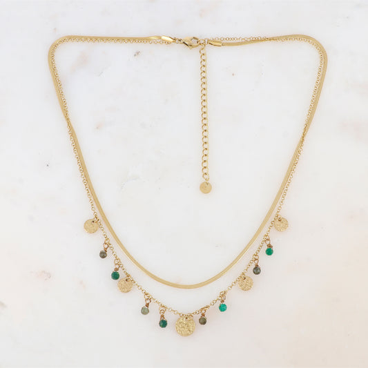 Collier 2 rangs avec pampilles rondes martelées et pierres naturelles (39/41+7CM)