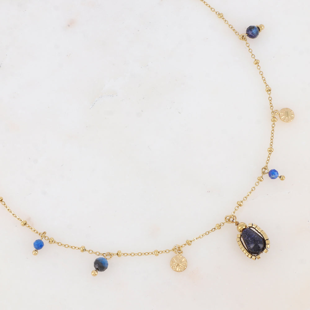 Collier avec pampilles rondes martelées et pierres naturelles (39+7CM)
