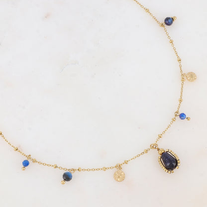 Collier avec pampilles rondes martelées et pierres naturelles (39+7CM)