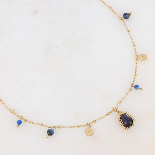 Collier avec pampilles rondes martelées et pierres naturelles (39+7CM)