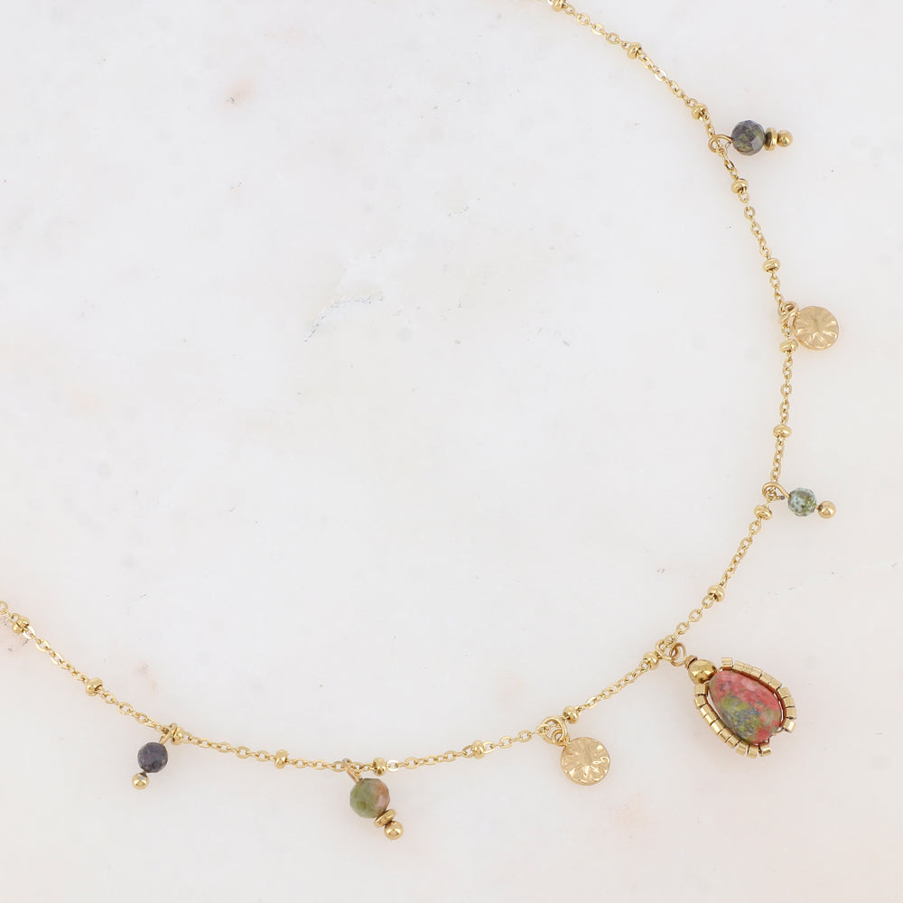 Collier avec pampilles rondes martelées et pierres naturelles (39+7CM)