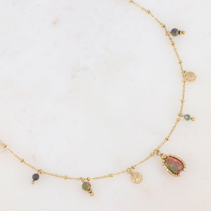 Collier avec pampilles rondes martelées et pierres naturelles (39+7CM)