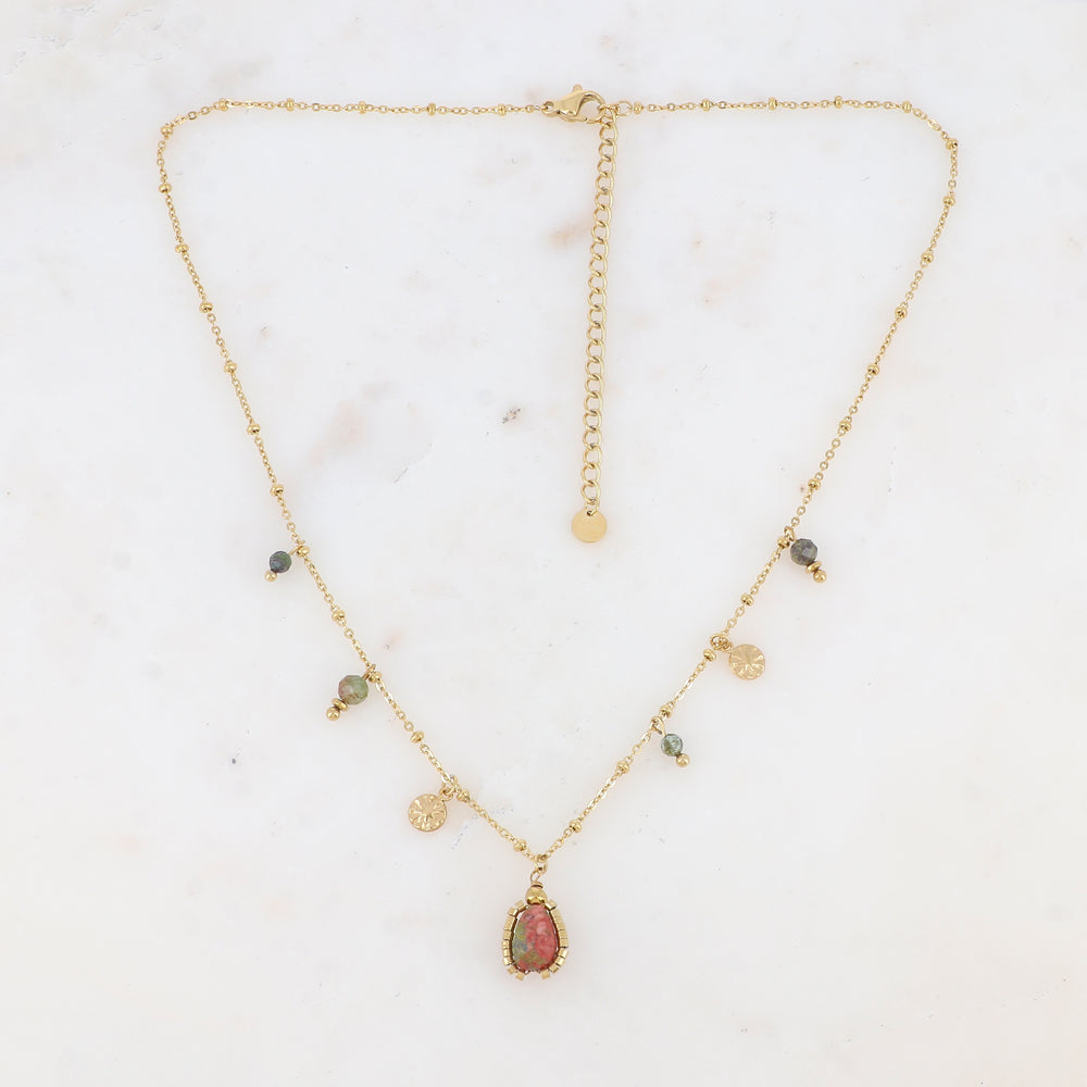 Collier avec pampilles rondes martelées et pierres naturelles (39+7CM)