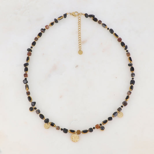 Collier avec pierre naturelle, perles émaillées, pastilles martelées, fleur et zirconium (39+5CM)
