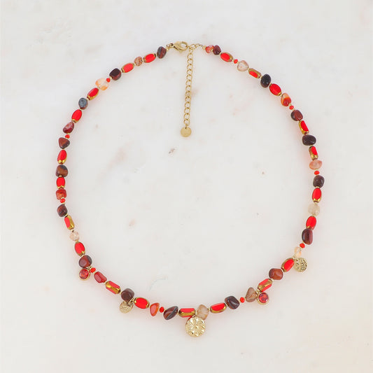 Collier avec pierre naturelle, perles émaillées, pastilles martelées, fleur et zirconium (39+5CM)