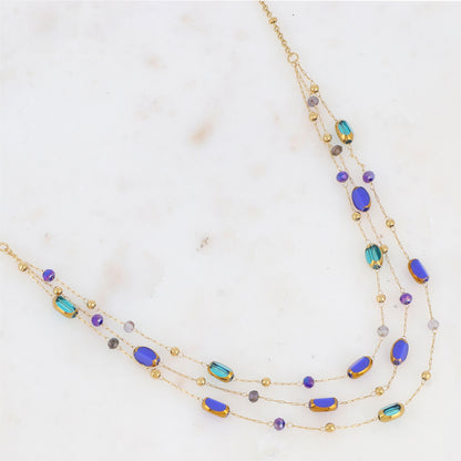 Collier 3 rangs avec pierre naturelle et pâtes de verre (38/41/44+5CM)