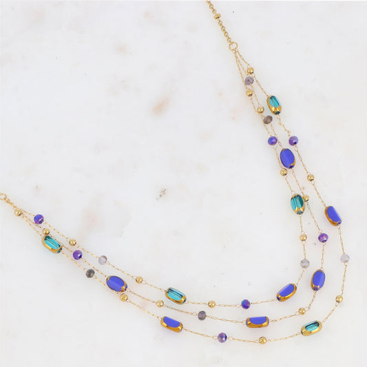 Collier 3 rangs avec pierre naturelle et pâtes de verre (38/41/44+5CM)