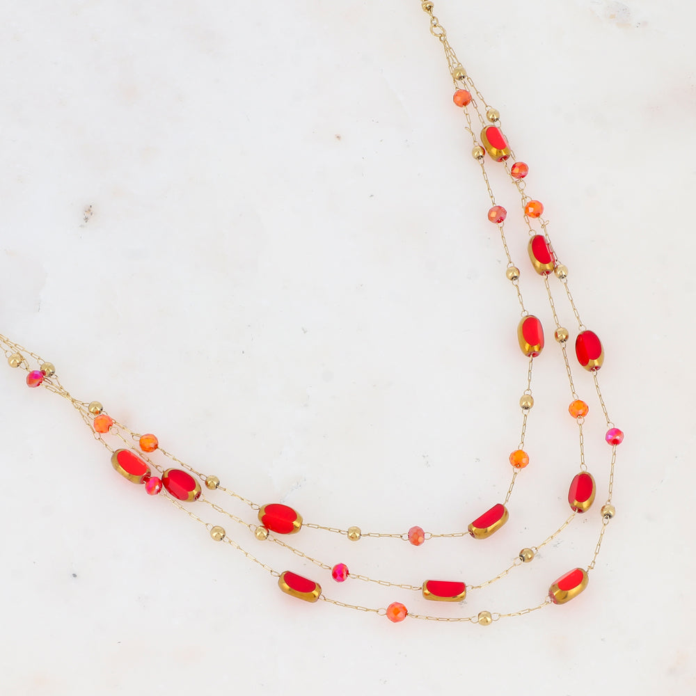 Collier 3 rangs avec pierre naturelle et pâtes de verre (38/41/44+5CM)