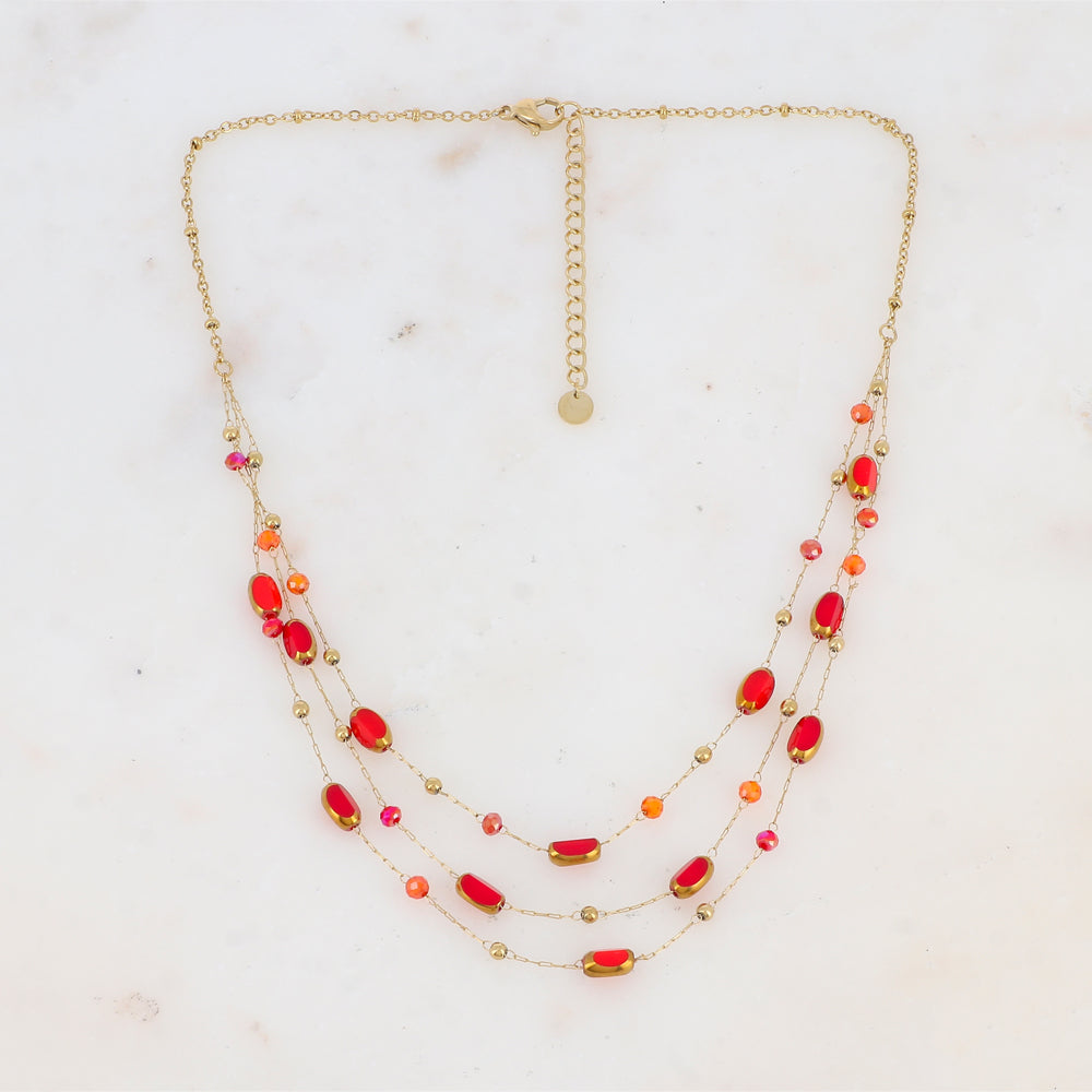 Collier 3 rangs avec pierre naturelle et pâtes de verre (38/41/44+5CM)