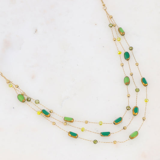 Collier 3 rangs avec pierre naturelle et pâtes de verre (38/41/44+5CM)