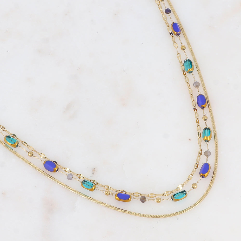 Collier 3 rangs avec pierre naturelle et pâtes de verre (38/39/40+5CM)