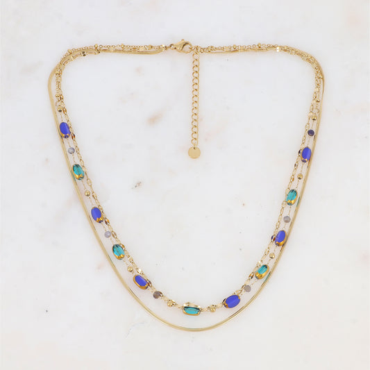 Collier 3 rangs avec pierre naturelle et pâtes de verre (38/39/40+5CM)