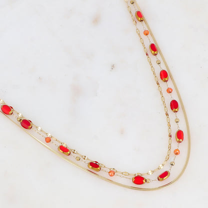 Collier 3 rangs avec pierre naturelle et pâtes de verre (38/39/40+5CM)