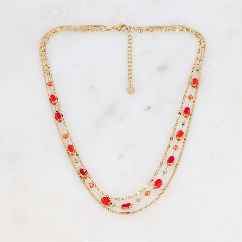 Collier 3 rangs avec pierre naturelle et pâtes de verre (38/39/40+5CM)