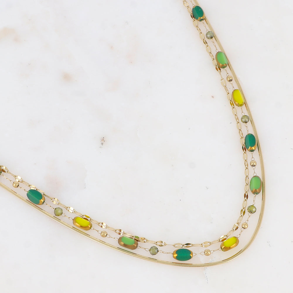 Collier 3 rangs avec pierre naturelle et pâtes de verre (38/39/40+5CM)
