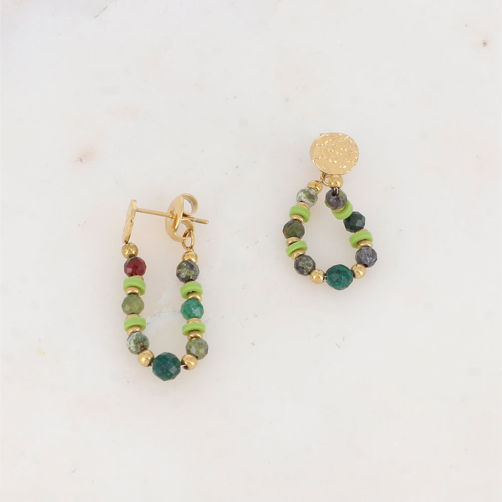 B.O à puce avec perles Heishi, petites rondelles métalliques et pierres naturelles Longueur chaîne : 4,5 cm