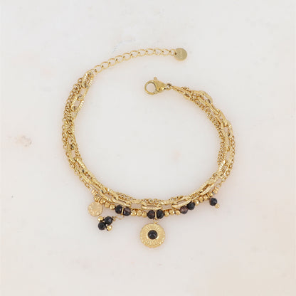 Bracelet 3 rangs avec maille, pampilles étoiles et rondes, pierres naturelles