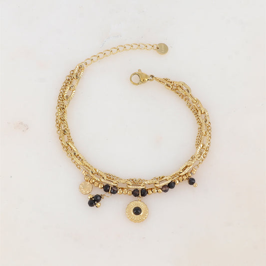 Bracelet 3 rangs avec maille, pampilles étoiles et rondes, pierres naturelles