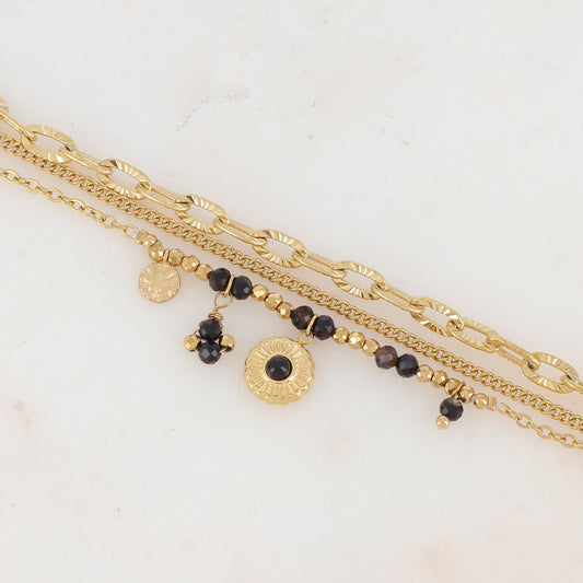 Bracelet 3 rangs avec maille, pampilles étoiles et rondes, pierres naturelles