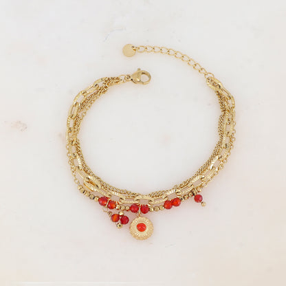 Bracelet 3 rangs avec maille, pampilles étoiles et rondes, pierres naturelles