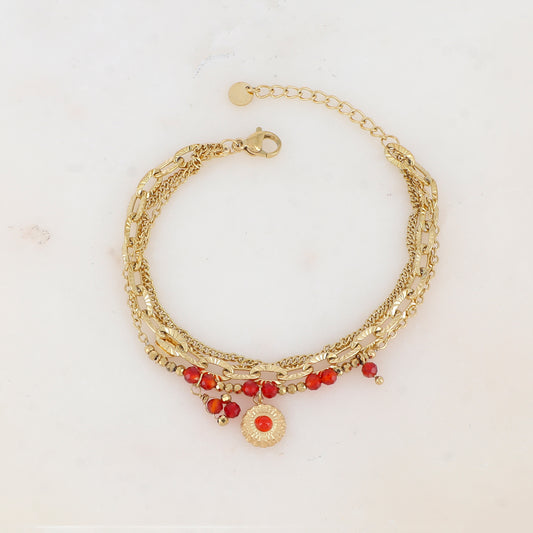 Bracelet 3 rangs avec maille, pampilles étoiles et rondes, pierres naturelles