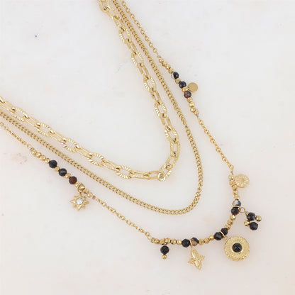 Collier 3 rangs avec maille, pampilles étoiles et rondes, pierres naturelles et strass (38/41/43+7CM)