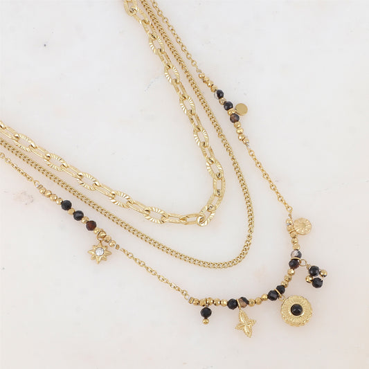 Collier 3 rangs avec maille, pampilles étoiles et rondes, pierres naturelles et strass (38/41/43+7CM)