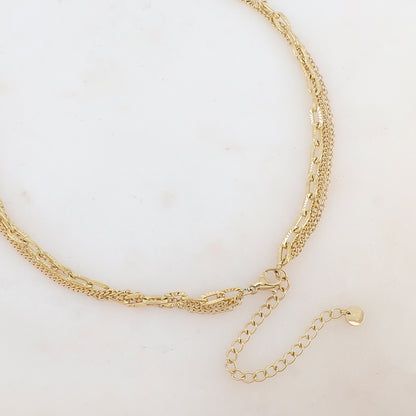 Collier 3 rangs avec maille, pampilles étoiles et rondes, pierres naturelles et strass (38/41/43+7CM)