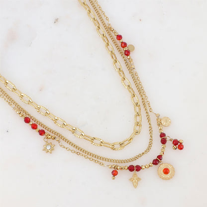 Collier 3 rangs avec maille, pampilles étoiles et rondes, pierres naturelles et strass (38/41/43+7CM)