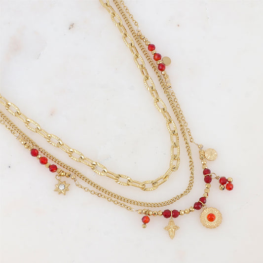 Collier 3 rangs avec maille, pampilles étoiles et rondes, pierres naturelles et strass (38/41/43+7CM)