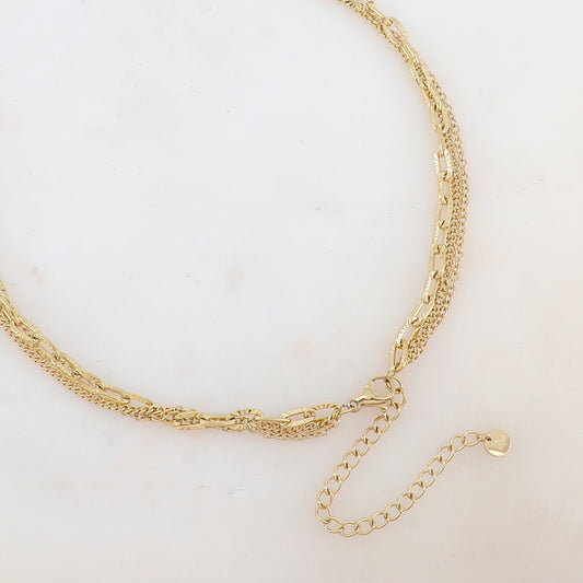 Collier 3 rangs avec maille, pampilles étoiles et rondes, pierres naturelles et strass (38/41/43+7CM)
