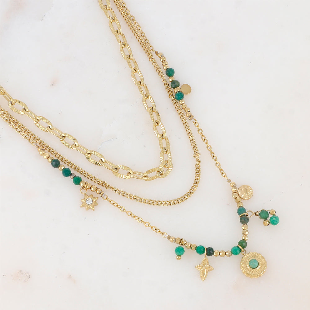 Collier 3 rangs avec maille, pampilles étoiles et rondes, pierres naturelles et strass (38/41/43+7CM)