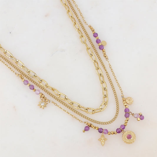 Collier 3 rangs avec maille, pampilles étoiles et rondes, pierres naturelles et strass (38/41/43+7CM)