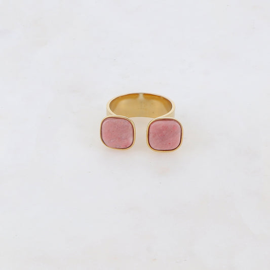 Bague avec effet griffé, deux perles en pierre naturelle carrée - Rhodonite