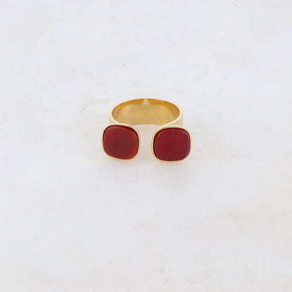 Bague avec effet griffé, deux perles en pierre naturelle carrée - Œil de taureau