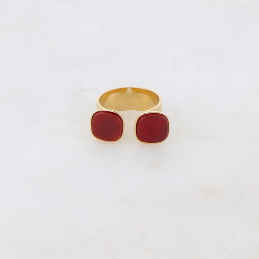 Bague avec effet griffé, deux perles en pierre naturelle carrée - Œil de taureau