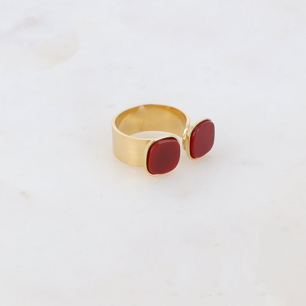 Bague avec effet griffé, deux perles en pierre naturelle carrée - Œil de taureau