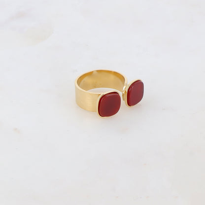Bague avec effet griffé, deux perles en pierre naturelle carrée - Œil de taureau
