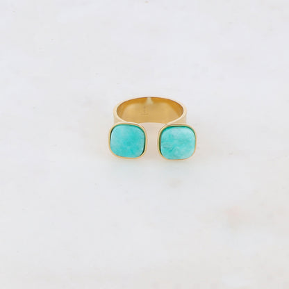 Bague avec effet griffé, deux perles en pierre naturelle carrée - Amazonite
