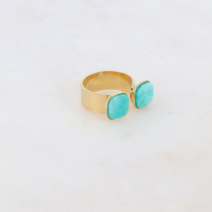 Bague avec effet griffé, deux perles en pierre naturelle carrée - Amazonite