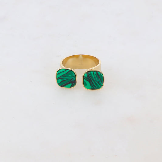 Bague avec effet griffé, deux perles en pierre naturelle carrée - Malachite