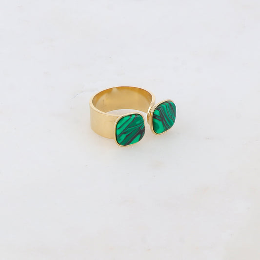 Bague avec effet griffé, deux perles en pierre naturelle carrée - Malachite
