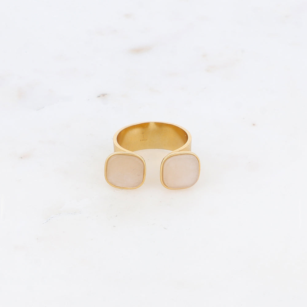 Bague avec effet griffé, deux perles en pierre naturelle carrée - Agate beige