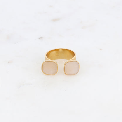 Bague avec effet griffé, deux perles en pierre naturelle carrée - Agate beige