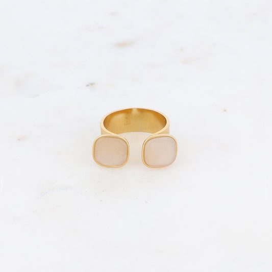 Bague avec effet griffé, deux perles en pierre naturelle carrée - Agate beige