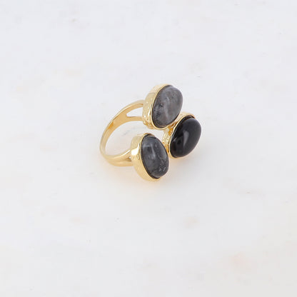 Bague fine ajustable avec trois pierres naturelles - Labradorite / Onyx