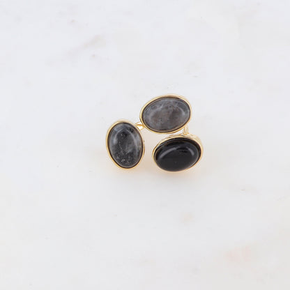 Bague fine ajustable avec trois pierres naturelles - Labradorite / Onyx