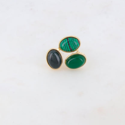 Bague fine ajustable avec trois pierres naturelles - Onyx / Aventurine / Malachite
