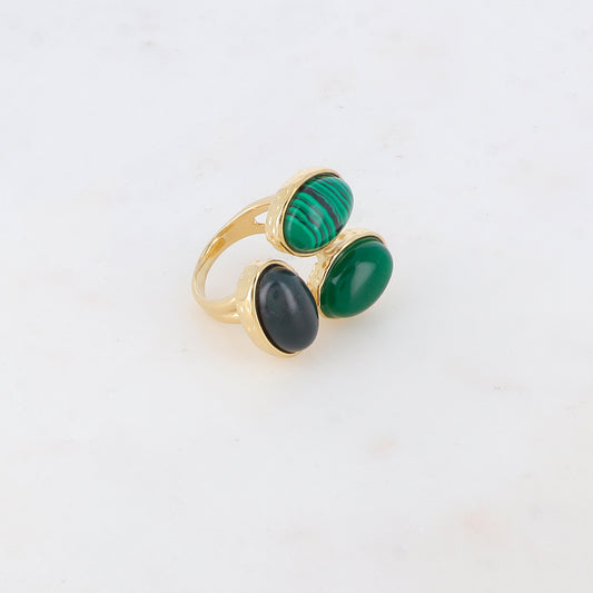 Bague fine ajustable avec trois pierres naturelles - Onyx / Aventurine / Malachite